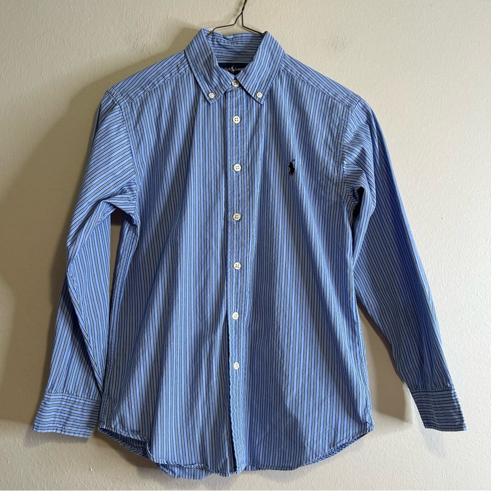 Ralph Lauren Blue and White 100% Cotton Striped Button Down‎ Shirt Size M 10-12